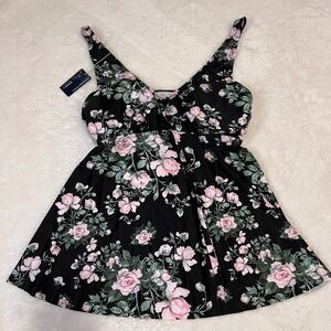 Summer Mae Black Floral Rose Print Swim Dress Tunic Flounce Skirt Size 16‎ NWT